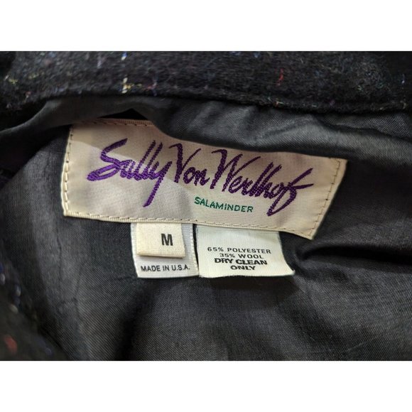 Vintage 80s Jacket Sally Von Werlhof Black Gray Wool Blend Floral Tweed Size M - Picture 8 of 10
